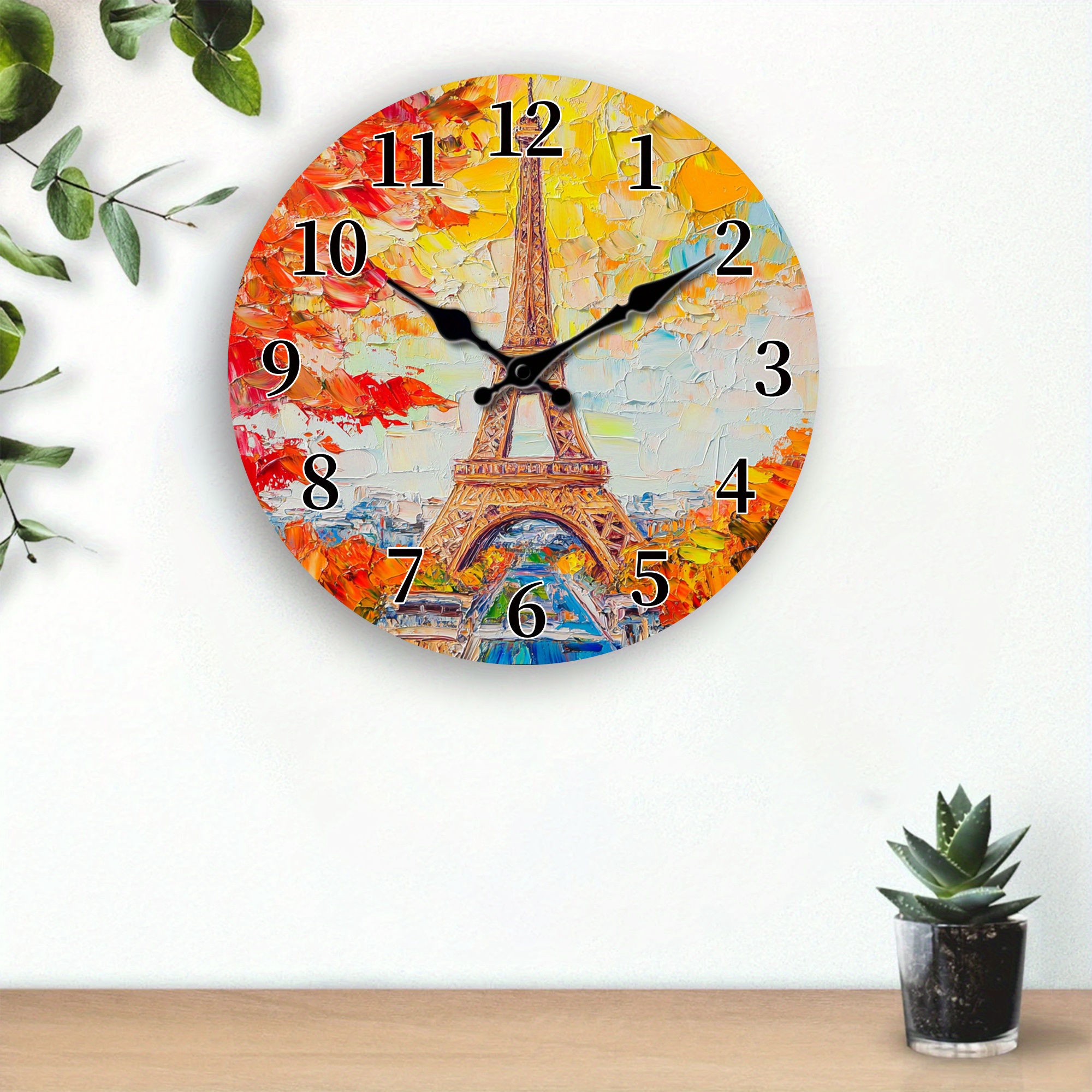 1pc Reloj de Pared Eiffel París Silencioso Sin Decoración Francesa  con Colores Otoñales en Naranja Verde, Azu