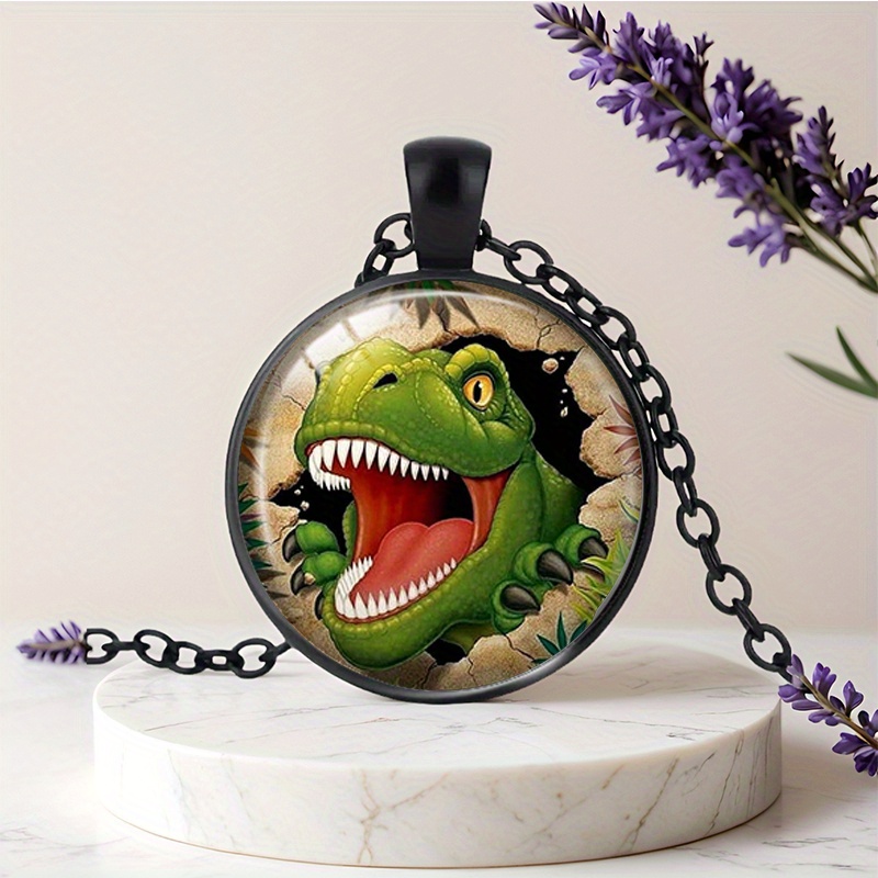 TEMU 1 Stück Dinosaurier-Kunstillustration Modischer Anhänger Glas Halskette Schmuck Trendiges Accessoire Urlaubsgeschenk
