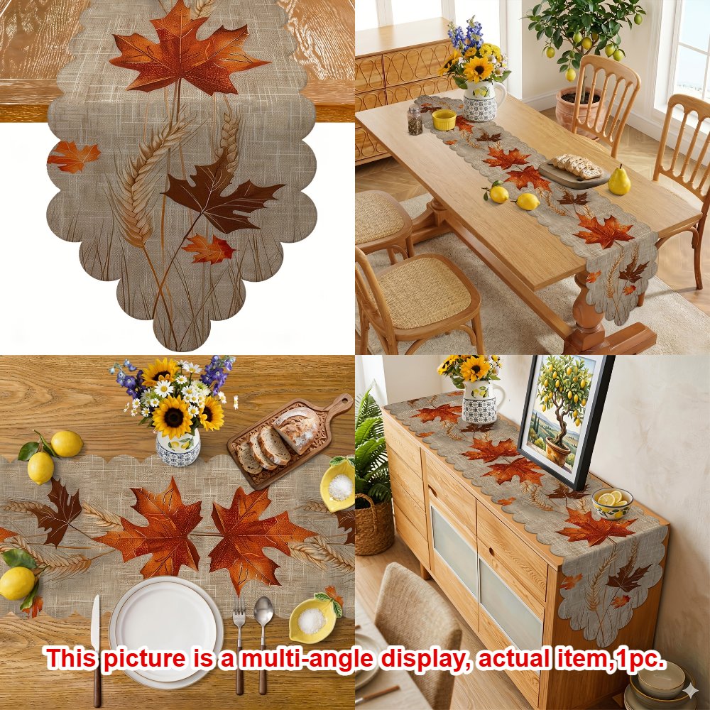 TEMU Chemin de table plat 2D imprimé, 1 pièce, chemin de table récolte d'automne, impression campagnarde texturée avec feuille d'érable rouge et épi