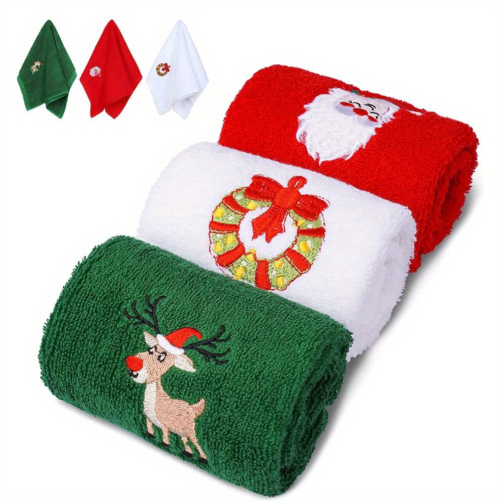 TEMU Set Of 3 Decorative Hand Towels For Christmas Featuring Embroidered Designs Of Santa Claus, A Reindeer, A Snowman, And A Christmas Tree. Ideal