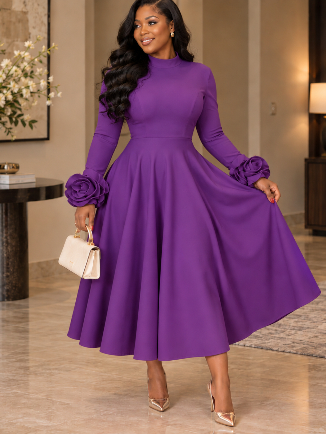 item picture womens dress semi turtleneck long sleeve three dimensional flower sleeve elegant trend versatile   casual and     medium and long skirt   dress