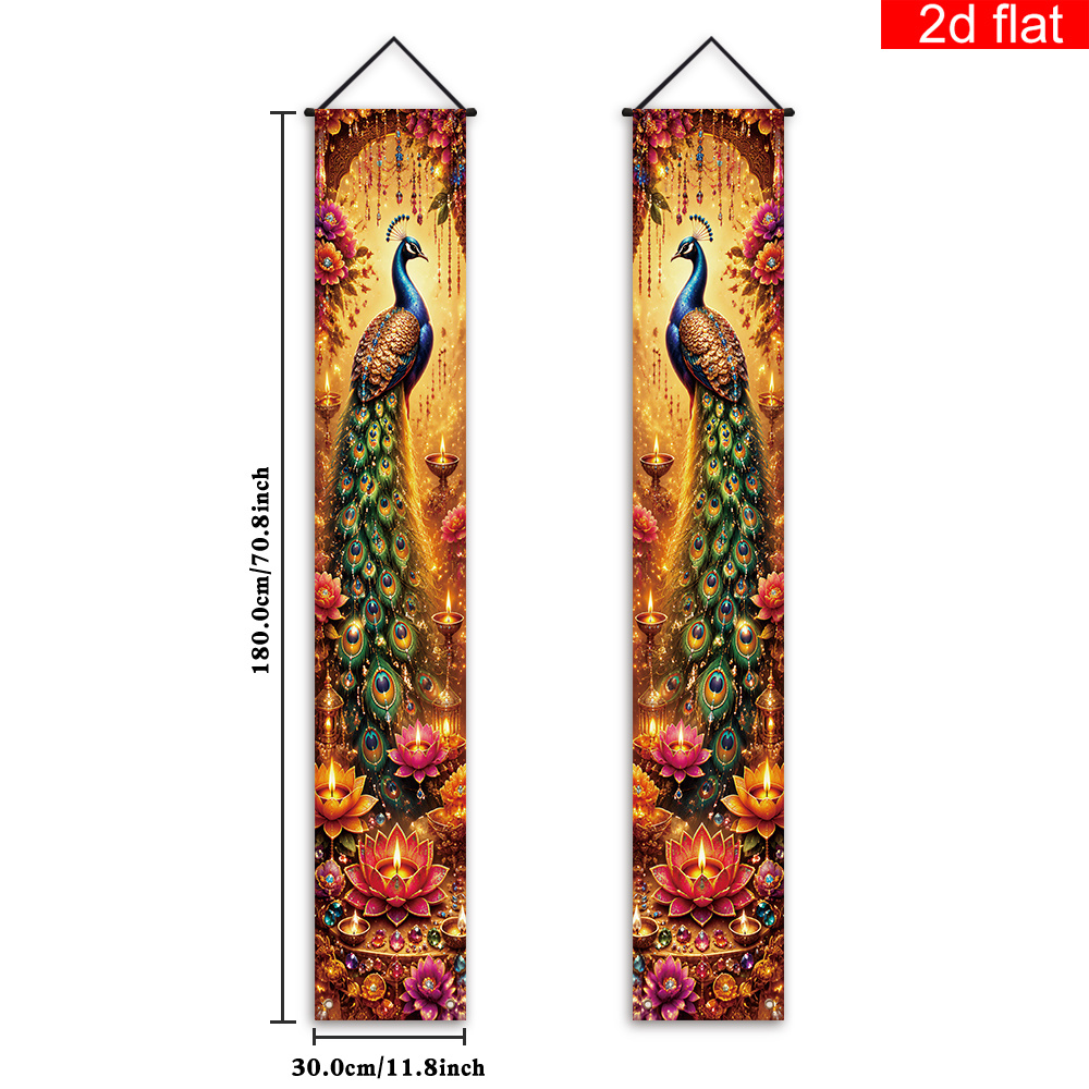 TEMU 2d Flat, 2d Flat - 2d Flat, 2d Flat - 2d Flat Banner, 2pcs, Diwali-themed Front Porch Sign Party Banner, Polyester, Gorgeous Peacock Lotus, Oil