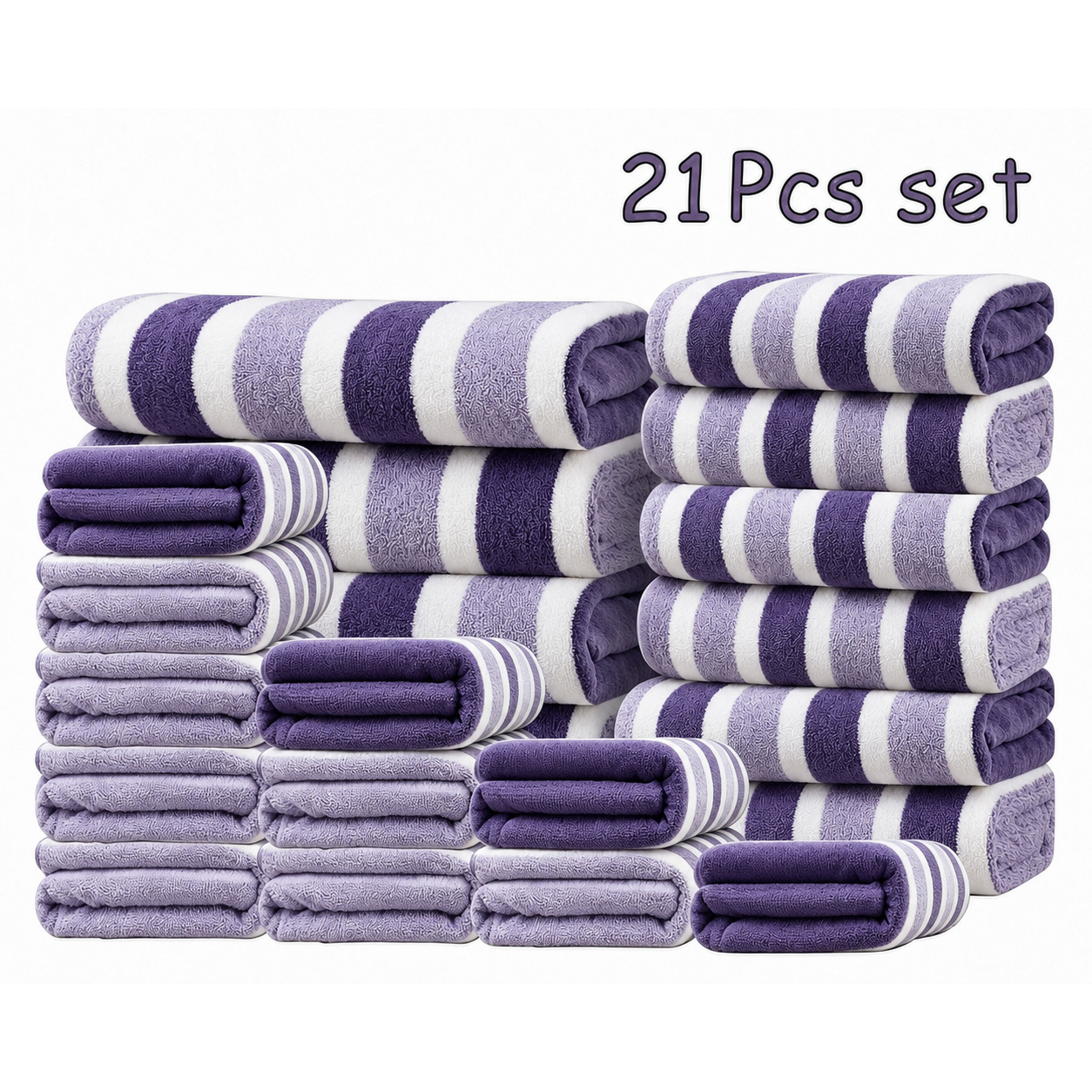 TEMU Ensemble de 21 serviettes en molleton rayé, ultra-douces, très absorbantes, à séchage rapide, douces pour , multi-, ensemble de serviettes de