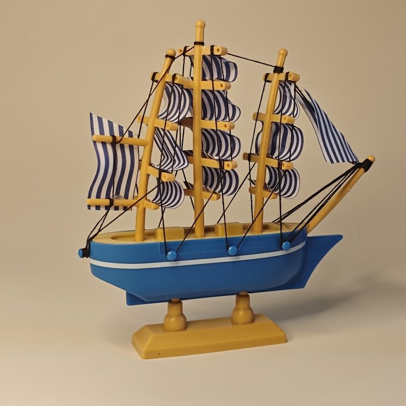TEMU Collectible Figurines ，1pc 1pcs Nautical Sailboat Model - Plastic Sailboat With Striped Sails, Golden Mast & Black Rigging, Maritime Decor