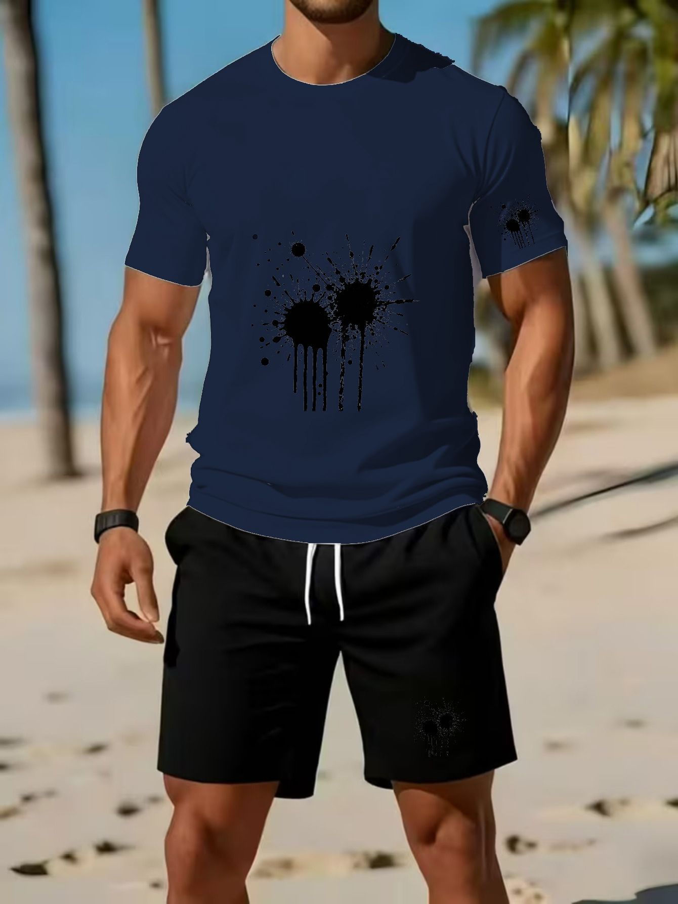 mens short sleeve set fashionable abstract print round neck t shirt top with   fit shorts versatile summer casual sporty 2pcs outfit