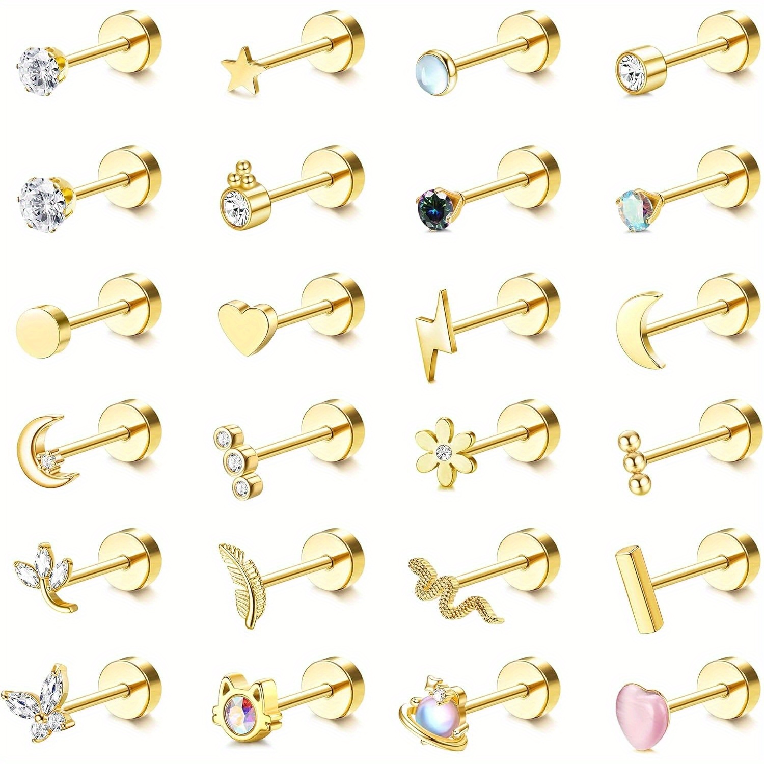 Image of 2d Flat - 24pcs Cartilage Earrings For Women Men 20g Surgical Steel Flat Back Stud Earrings Cz For Helix Conch Small Flatback Earrings Hypoallergenic Earrings