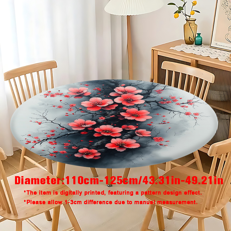 TEMU Nappe ronde 1 pièce, impression numérique 2D à plat, fleur de prunier et délavées à l'encre, chinois d'inspiration zen et style national, base