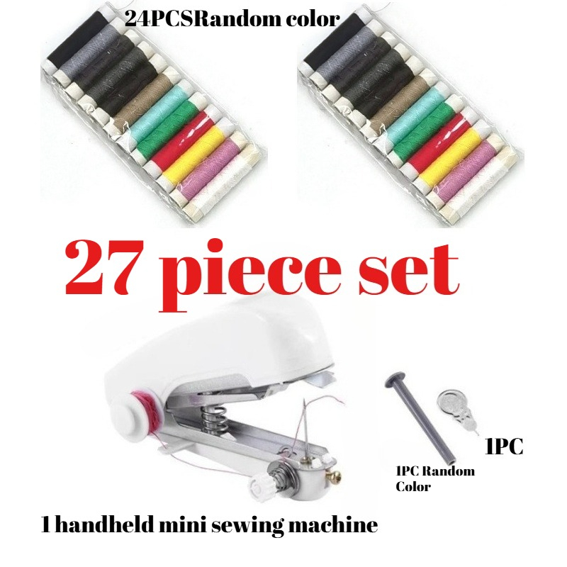 TEMU 27pcs Portable Sewing Tool Kit: Includes 1pc Handheld Mini Sewing Machine, 24pcs Threads (multi-colors), 1pc Threader, And 1pc Extension Rod; A