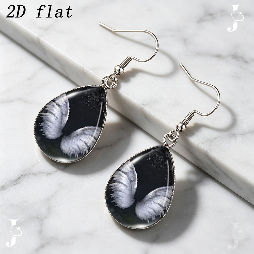 Teardrop Dangle Earrings with Black Background and White Angel Wings