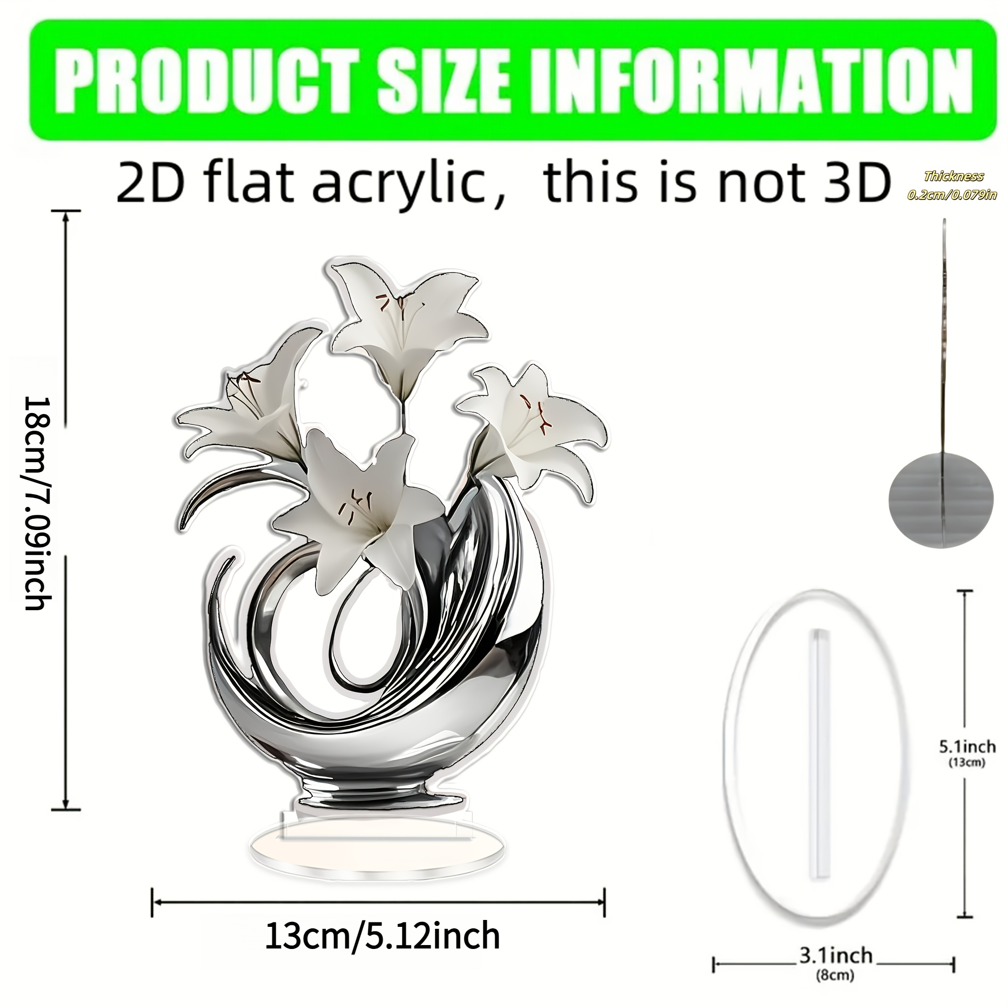 E-shop 2D Flache Acrylgießdruck, Dekorative Weiße Lilie - Elegantes Silbernes Design, Ideal für Zuhause, Büro oder Schlafzimmer Tischdeko,