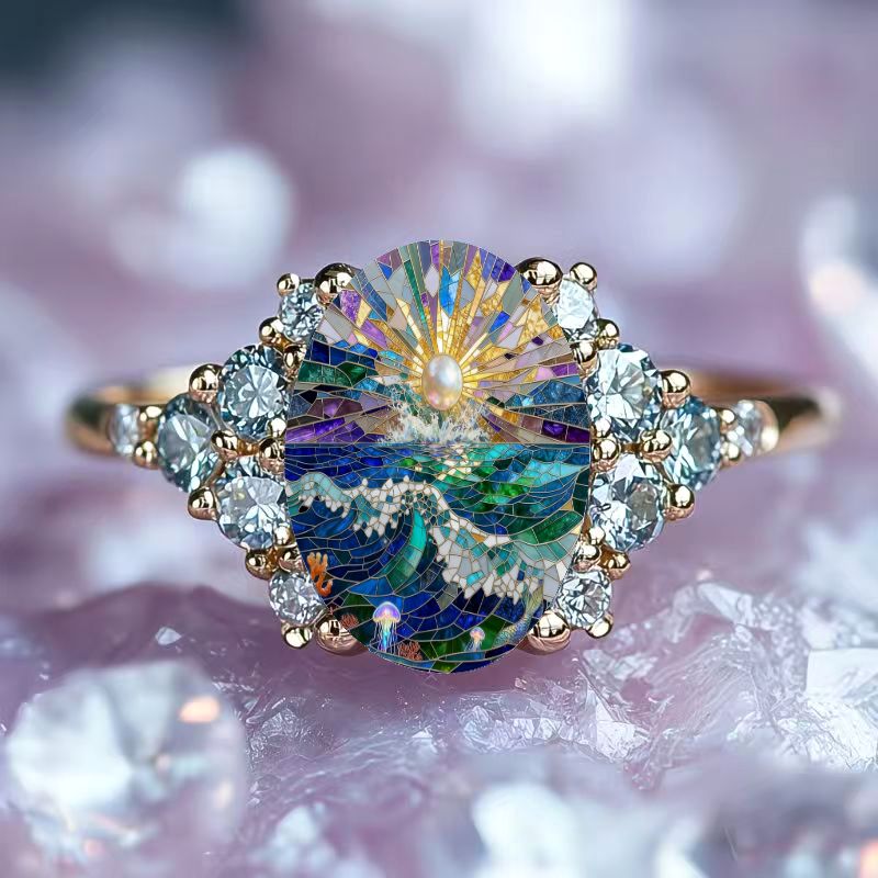 TEMU 1pc Elegant And Stylish Oval Women's Ring With Ocean Wave And Sunrise Design, Ideal Jewelry Gift For Valentine's Day, Anniversary, Birthday,