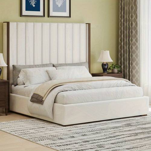 67. Headboard Upholstered King Size Bed with Vertical Striped and Wingback Spring Needed Linen