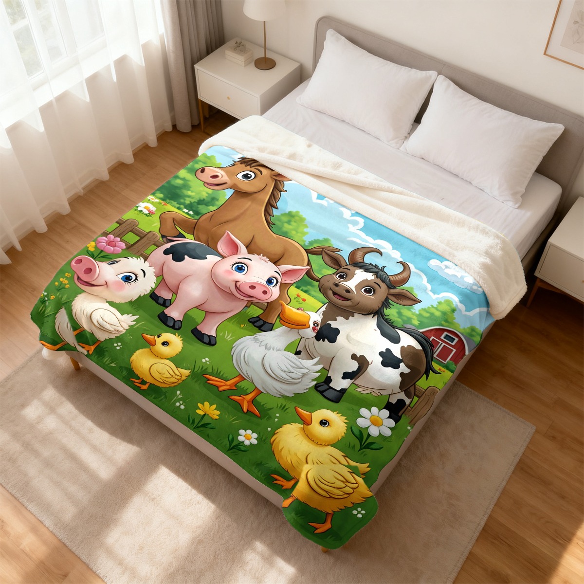 Happy Farm Animals Gathering Pattern Flannel Blanket