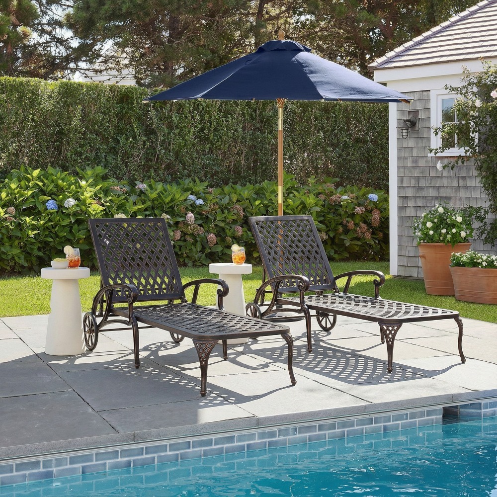 Andehomy Cast Aluminum Outdoor Lounge Chair on Wheels, Patio Recliner with Adjustable Backrest in 3 Positions, Perfect for Poolside Relaxation, Bronze And White Color