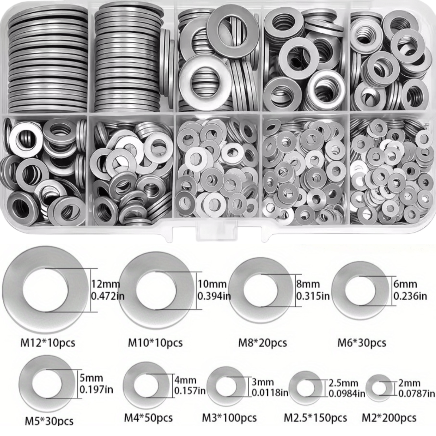 TEMU 599pcs Flat Washer Assortment Kit - Durable Polished Galvanized Finish, Sizes M2-m12, Suitable For Home Decor And Kitchen Maintenance, Includes
