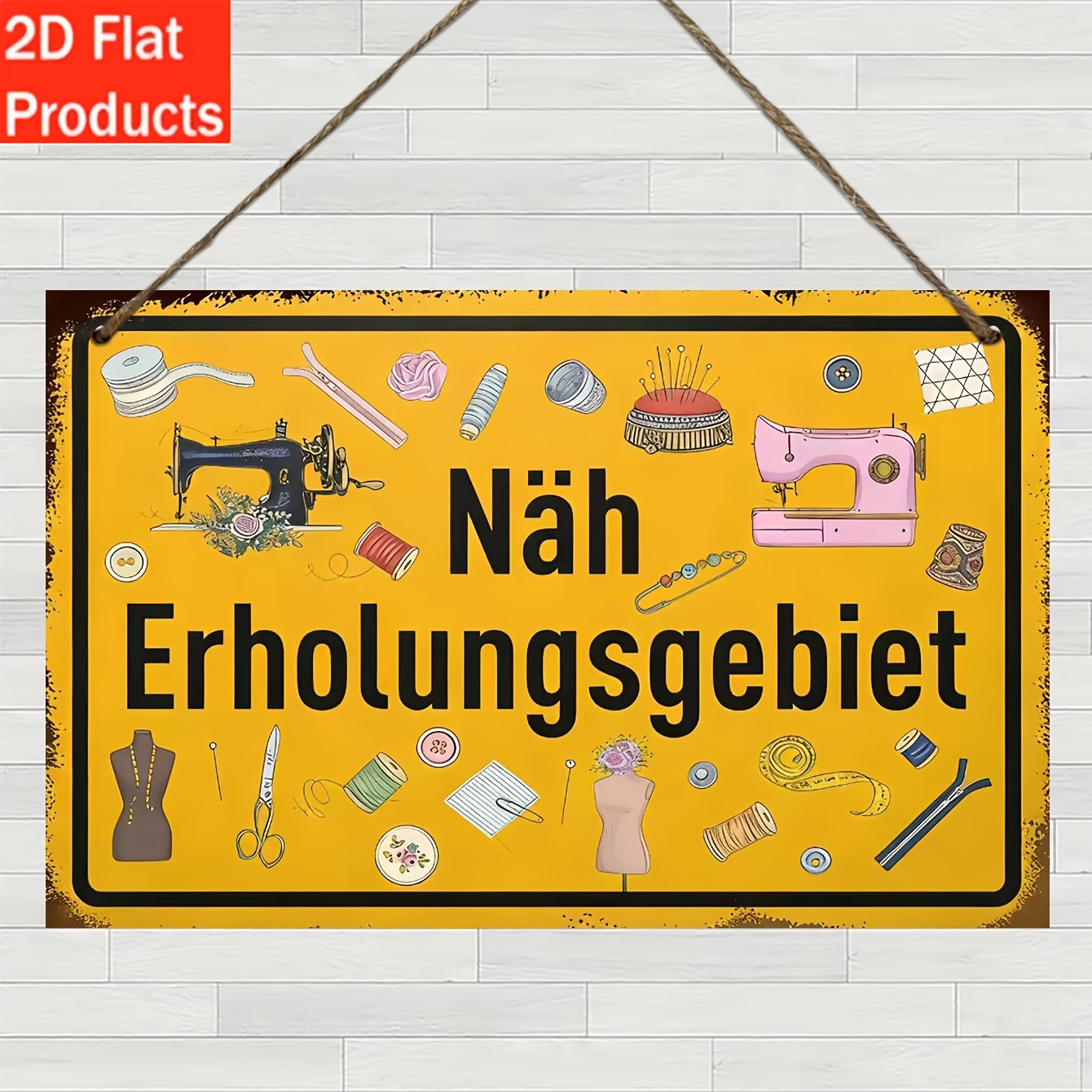 TEMU 2d Flat Sewing Area Rectangular Wooden Hanging Sign, Vintage Rust Black Border Sewing Machine Thread Scissors Mannequin Sewing Tool Print German