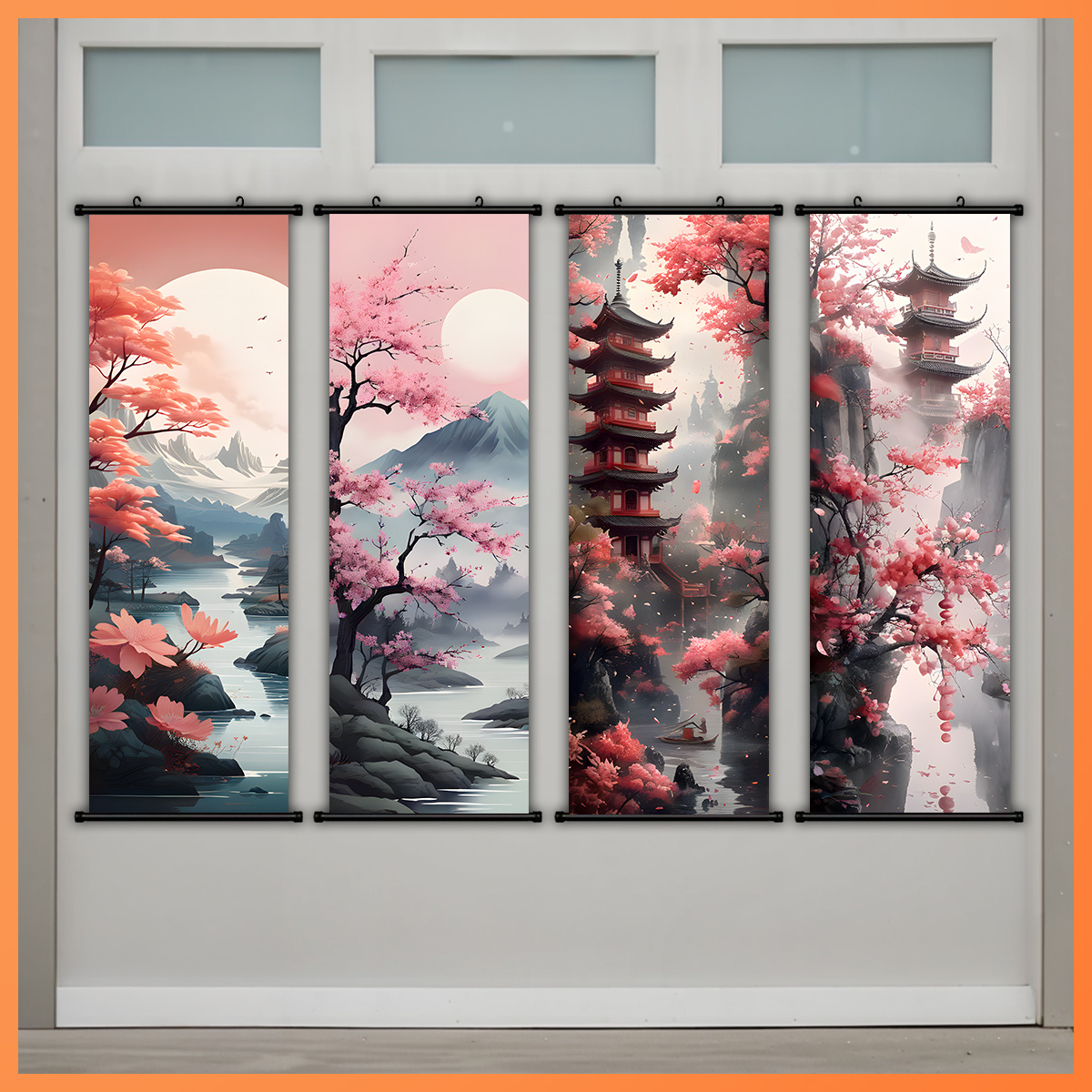 E-shop 2D Flach, 4-teiliges Leinwandgemälde-Set, Kirschblütenlandschaft Kunststoff Wandkunst, Vintage Kunstwerk für Wanddekoration, Rollgemälde,