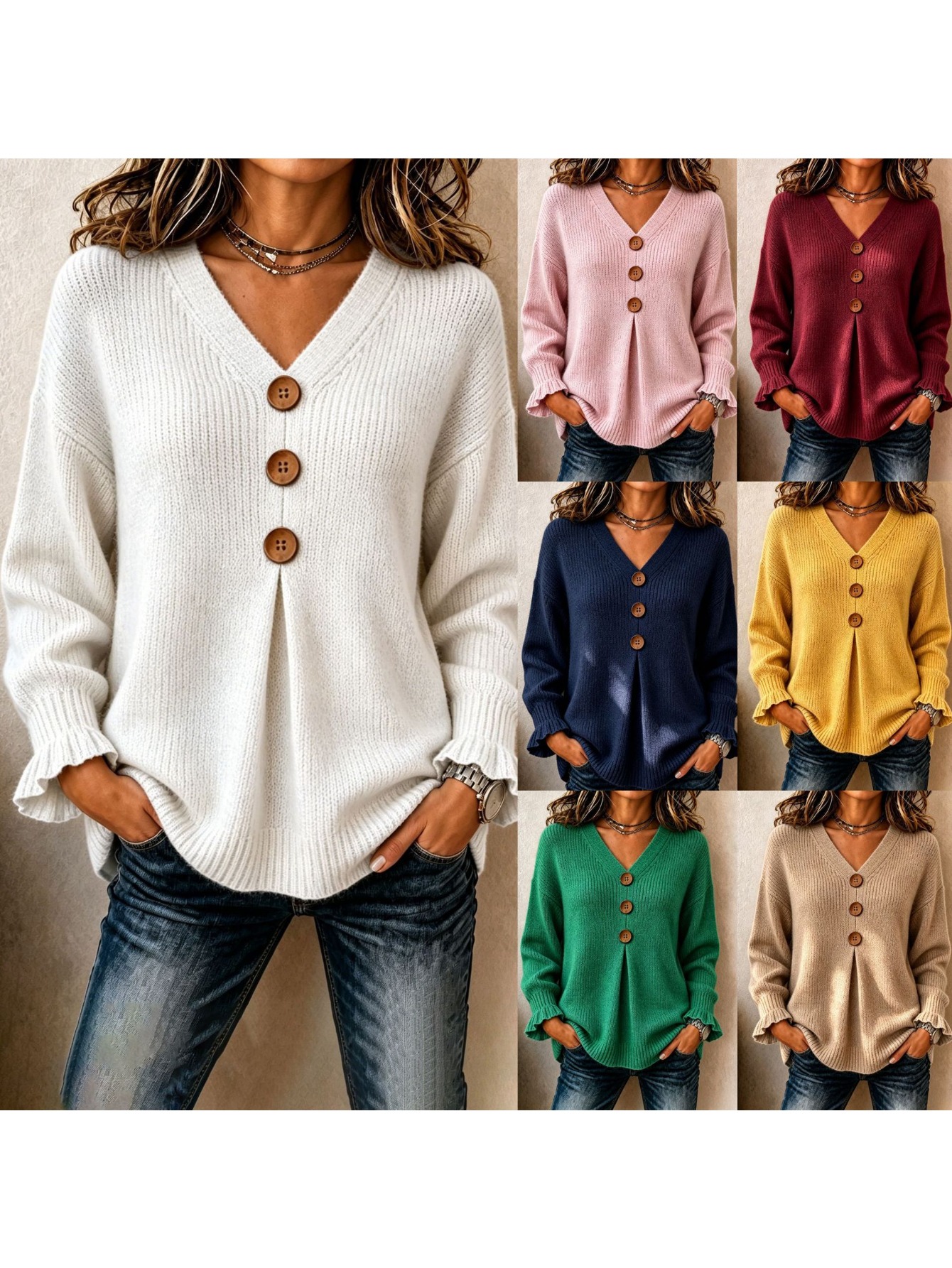 2026 v neck button sweater womens autumn and winter new lotus leaf cuffs loose and thin lazy style pullover top