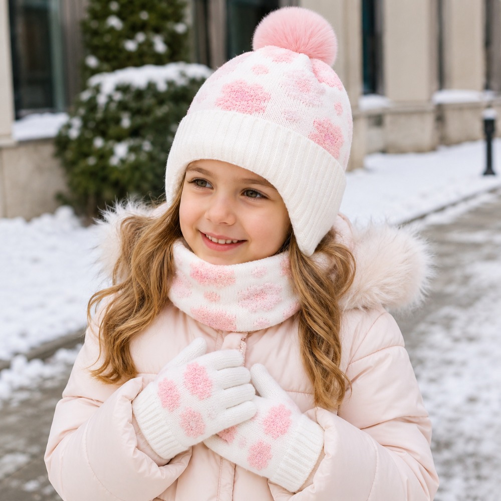 Image of 3pcs Kids Thickened Hat Neck Warmer Gloves Set, Ages 3-8, -resistant Wind-resistant For Daily Winter Wear