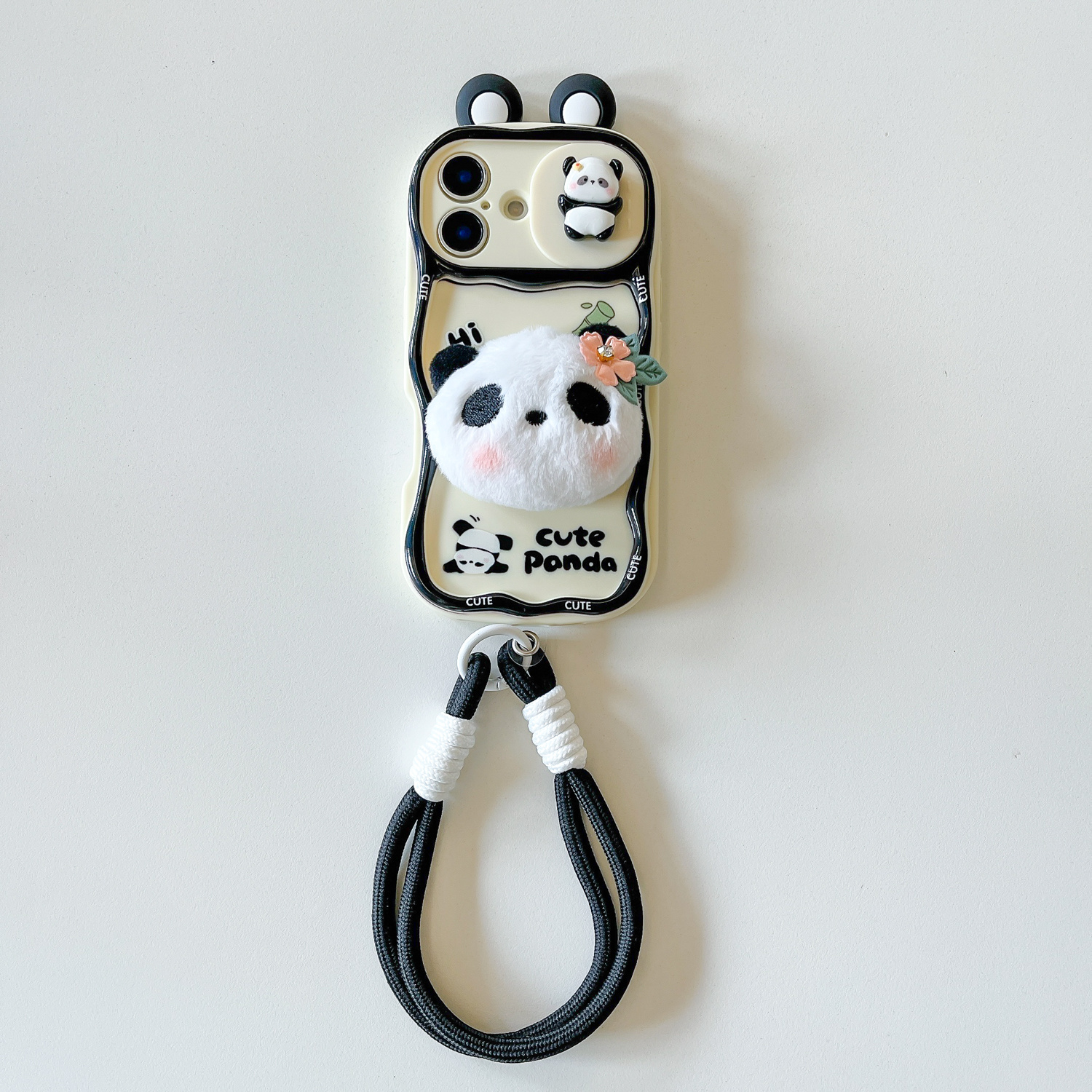 TEMU Phone Case - Japan And South Korea Panda Doll With Lanyard Protective Lens Phone Case For 17/16/15/14/13/12/11 Pro