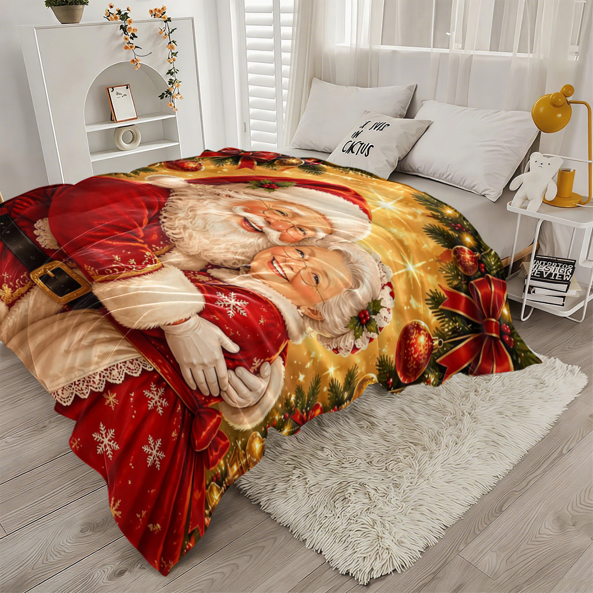 TEMU 1pc Warm Embracing Santa Claus And With Pine Branches And Colored Ornaments Vintage Soft Decorative Throw Blanket, A Cozy Atmosphere Blanket For