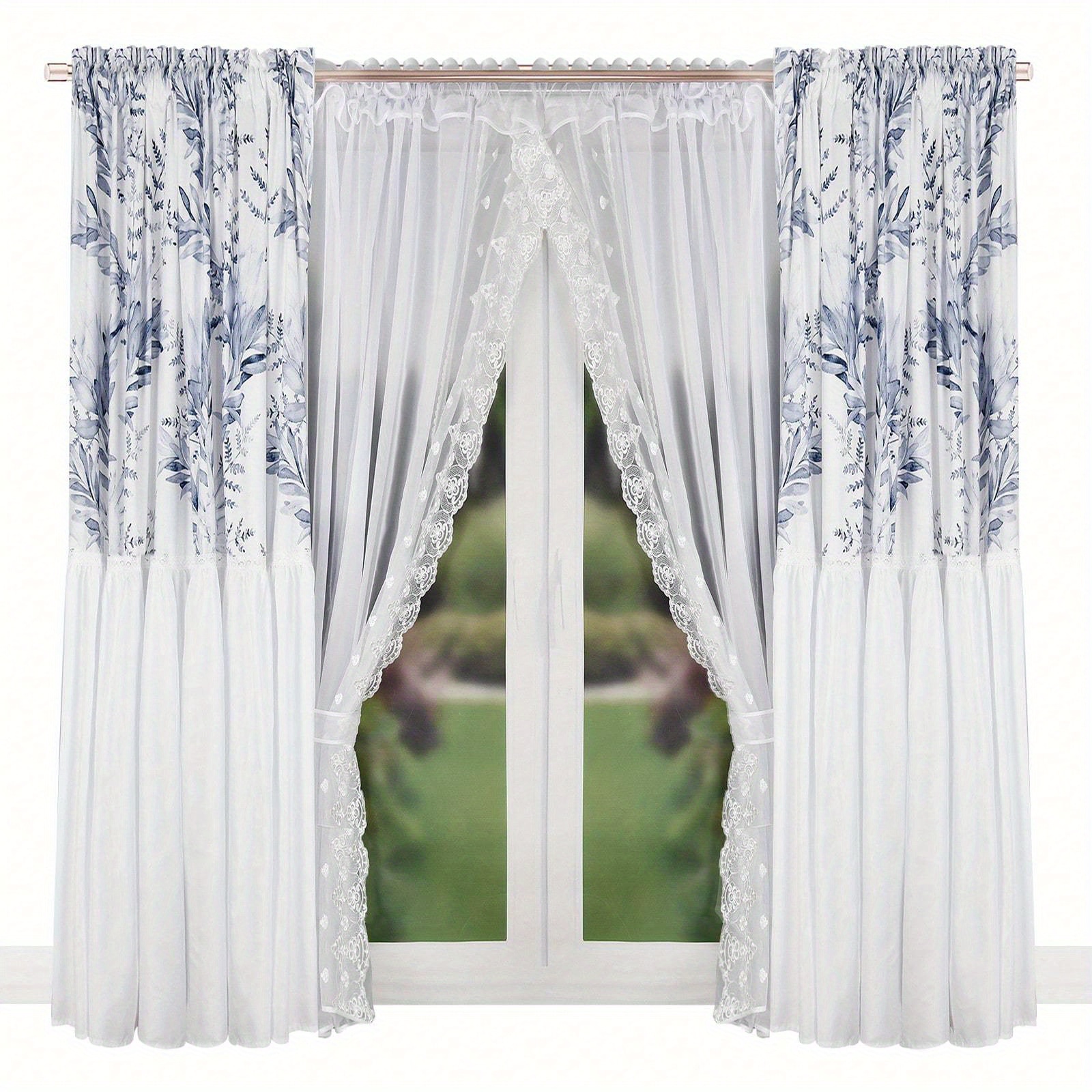 1pc Romantic White Lace Curtain Panel, Adjustable Rod Pocket, Washable Polyester, Floral Pattern, Semi-transparent, Lightweight, Bedroom, Kitchen, Or Coffee Shop Decor