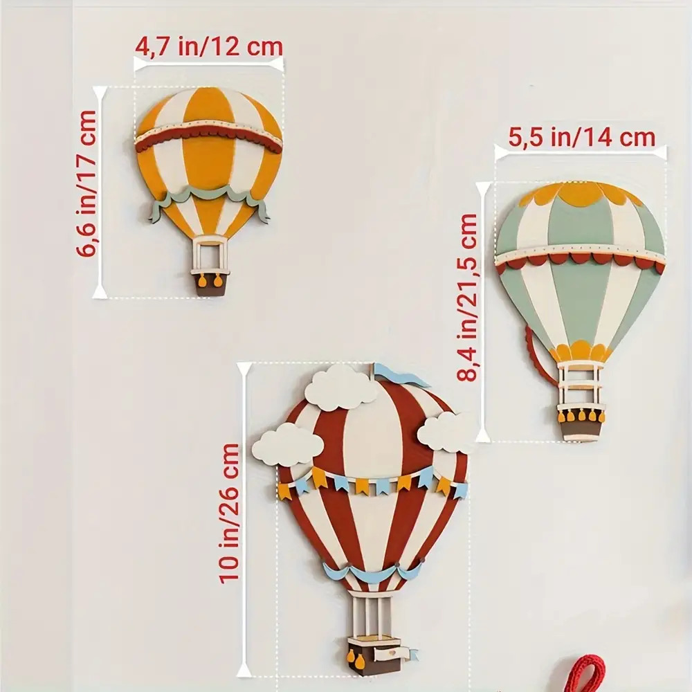 TEMU Halloween Christmas Decorations 3pcs Hand-painted Wooden Hot Air Balloon Wall Art - Vintage Style, No Electricity Needed, Easy Wall Mounting