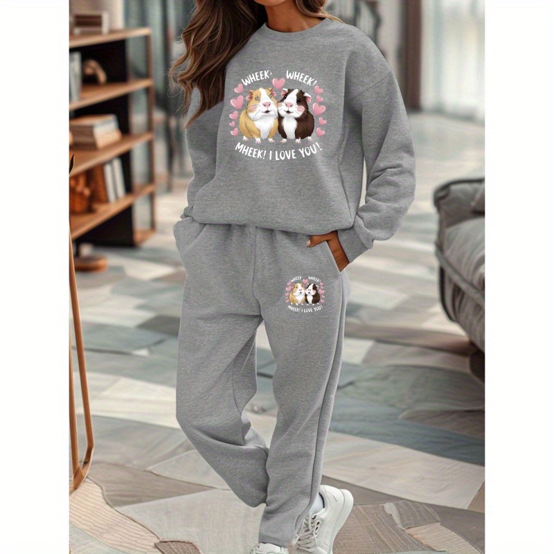 

Cozy Guinea Pig Print Sweatshirt & Joggers Set For Women - Casual Polyester Knit, Crew Neck, Machine Washable - Fall/winter