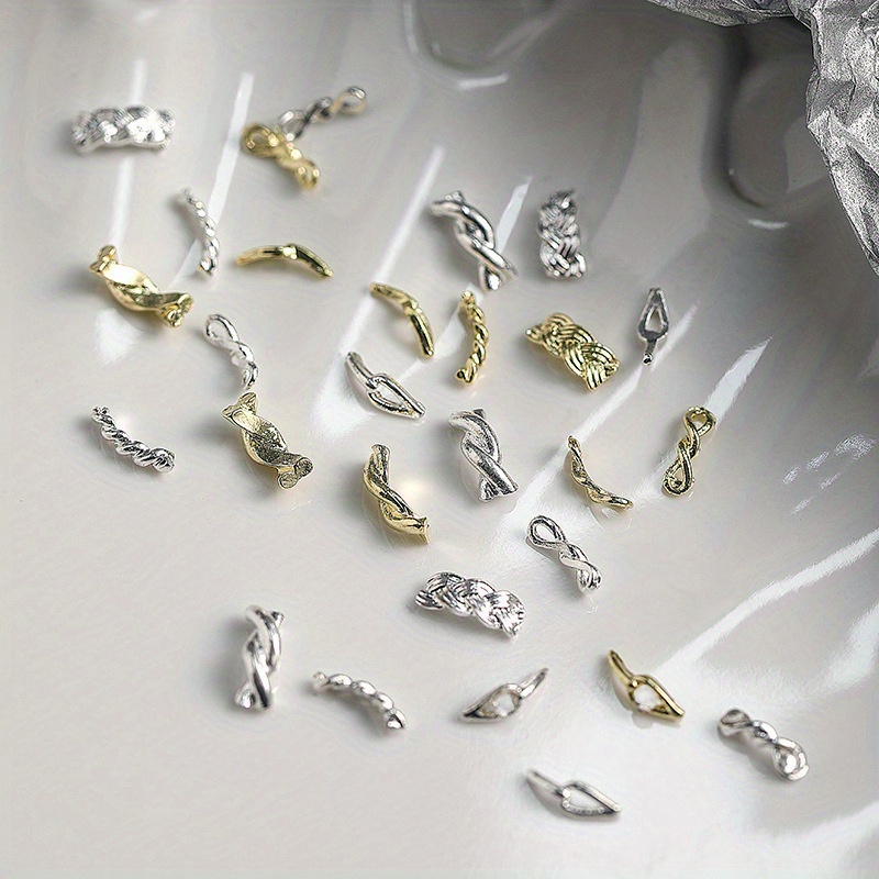 Image of 50pcs 3d Mixed Nail Art Stickers, With Metal Alloy Twist Nail Rive Design, For Women Nail Art Diy