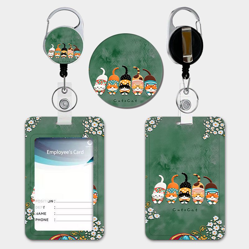 TEMU Cute Cat Design, Japanese-style Cartoon Print Pattern, Holder With Retractable Lanyard With Pull Tab And Keychain, Durable Plastic Card Holder.