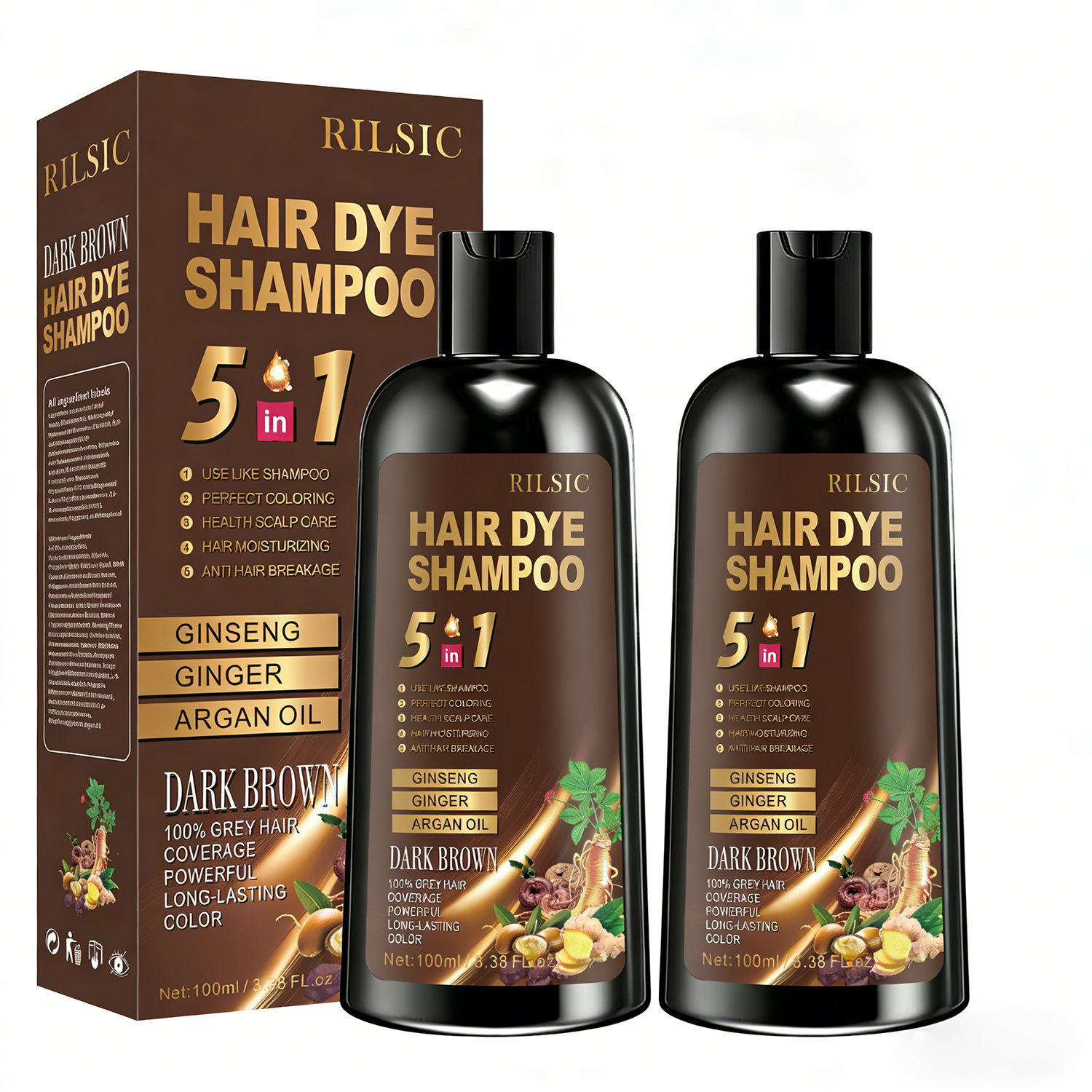 TEMU RILSIC 2pcs Shampooing Teinture Capillaire à l'Huile d'Argan, 100% Couvre Rapidement les Cheveux Gris, Contenant du , du , du Polygonum