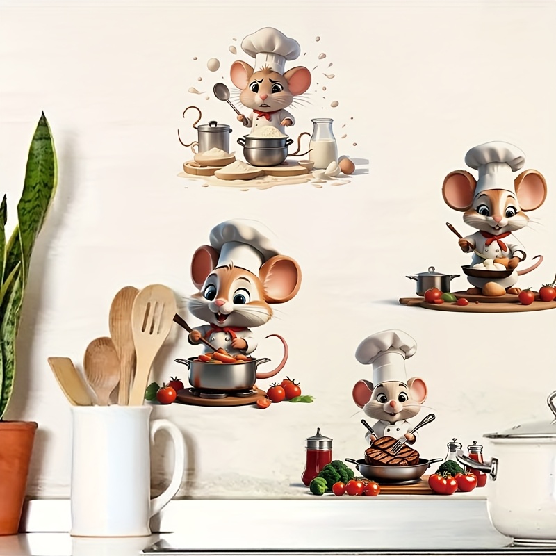 Image of 1pc 4pcs Cute Little Mouse Chefs Wall Stickers, Cooking Food Mice, Kitchen Decor Background Wall Stickers, Home Decoration, Animal Elements Self-adhesive Removable