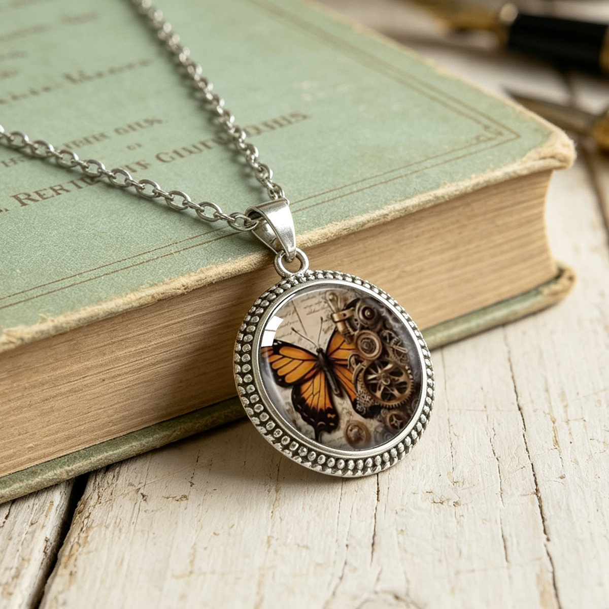 Creative Steampunk Butterfly Gear Print Round Pendant Necklace