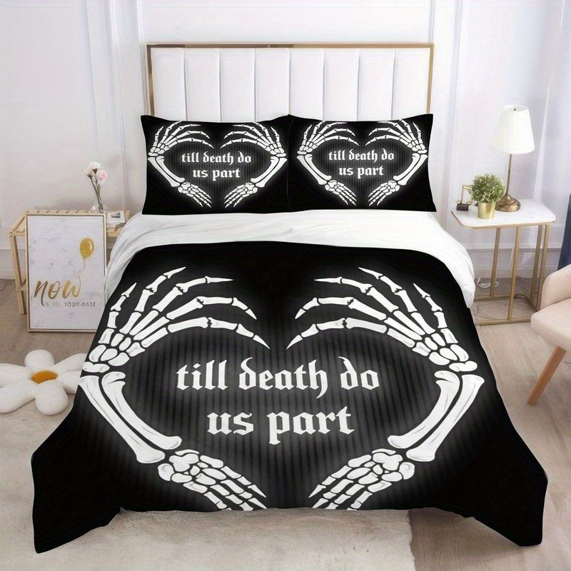set of 3 gothic skeleton hand heart duvet cover skull bedding with the theme   do us part black and white halloween style bed soft microfiber bedroom decoration perfect romantic gift for couples   1 duvet cover and 2 pillowcases Product details 6