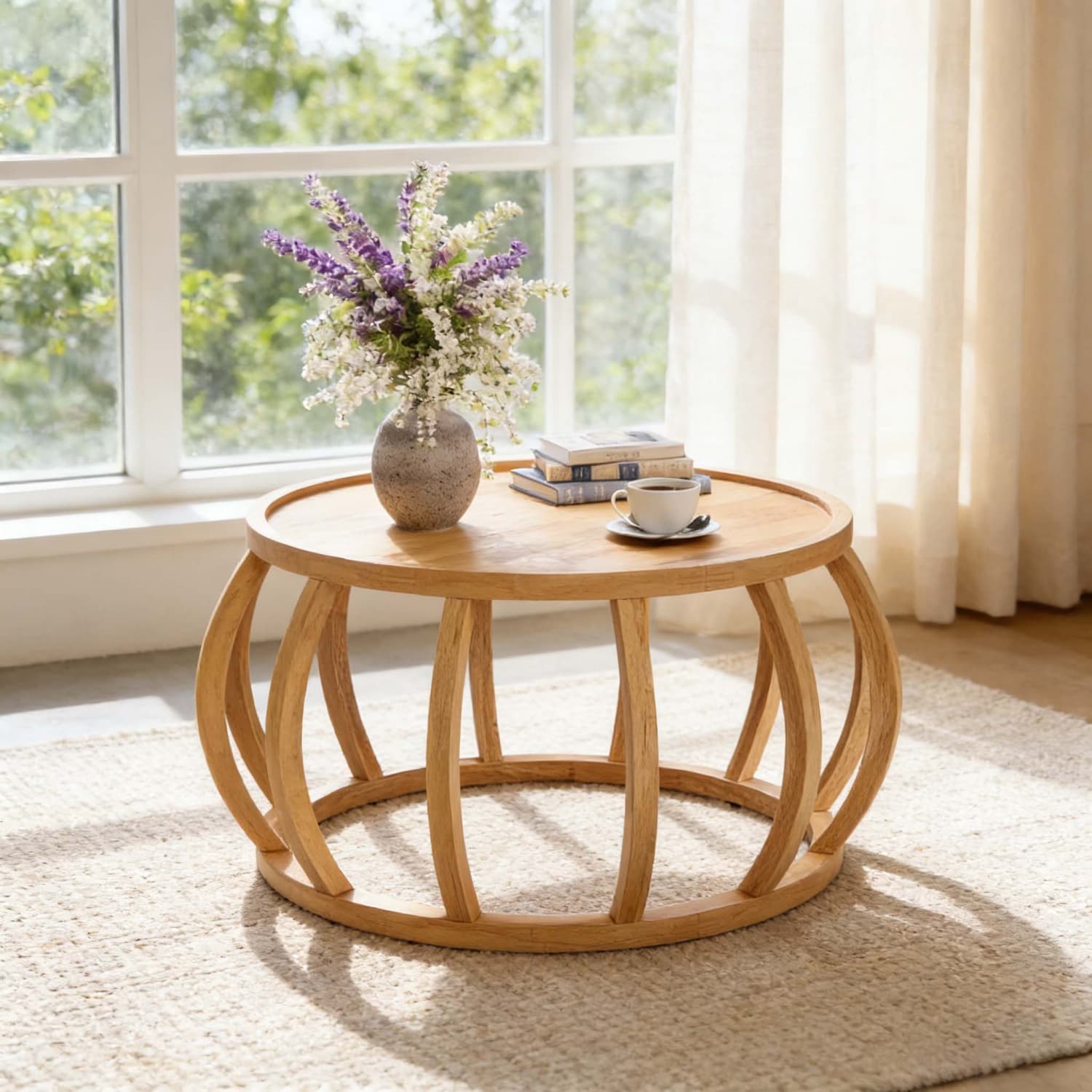 Solid Wood Round Coffee Table, 80cm Modern Coffee Table With Curved Base, Multi-functional Table For Living Room And Bedroom, Natural