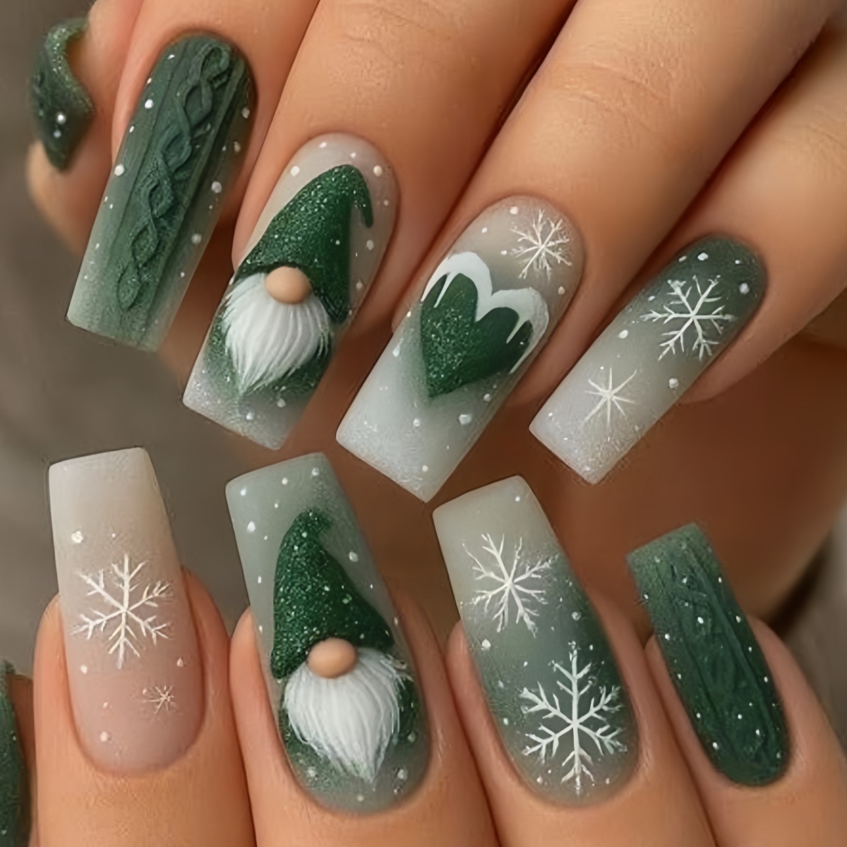 TEMU 24 stuks Donkergroene Kerst Vierkante Draagbare Nagels, Trui Relief Sneeuwvlok Hart Matte Sfeervolle Vakantie Lange Nagels, Afneembare Nagels,