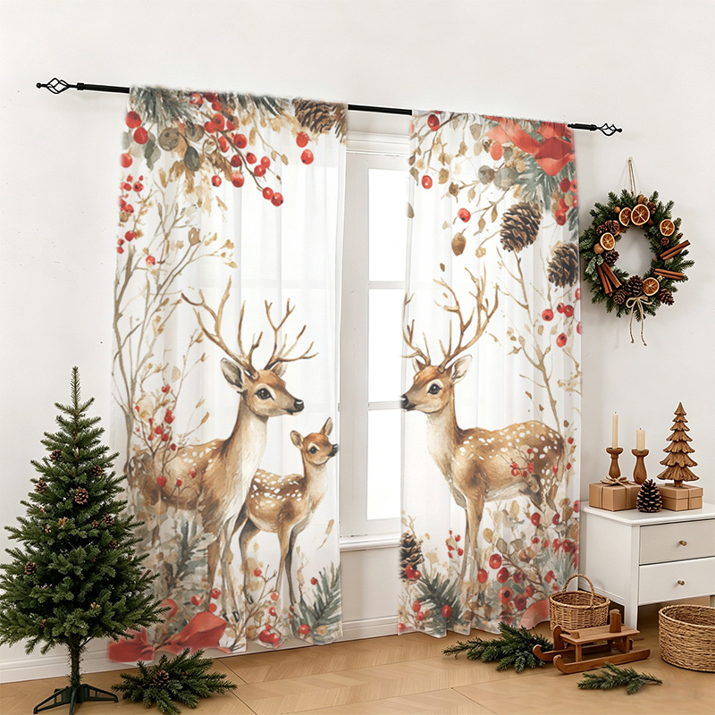 TEMU 2pcs Christmas - Christmas Tree - Bow - Halloween - Chiffon Sheer Curtains - Semi-transparent Opaque , Rod For Living Room And Bedroom Decor,