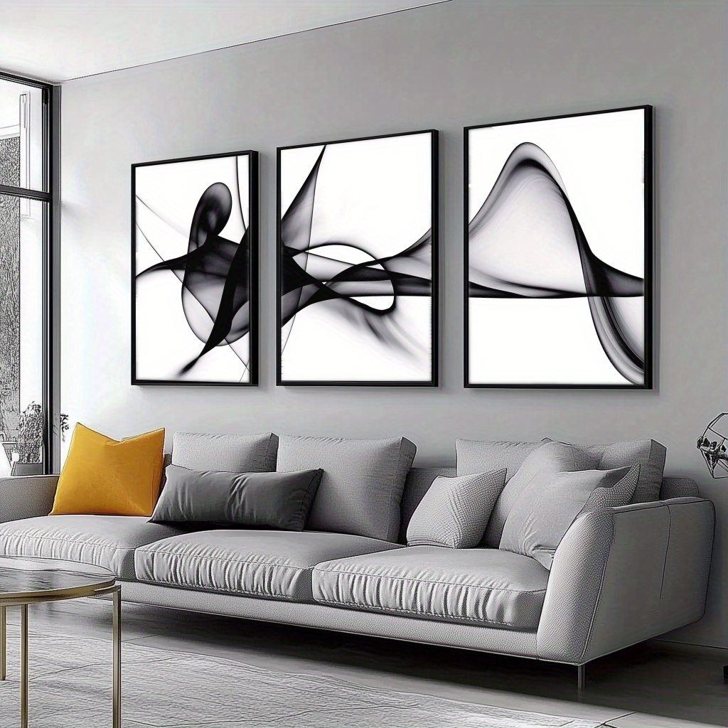 TEMU Plat 2D, 3 pièces Moderne avec Cadre en Bois de Pin - sur Toile Minimalistes Noires et Blanches, Peintures Encadrées Enveloppantes Adaptées pour