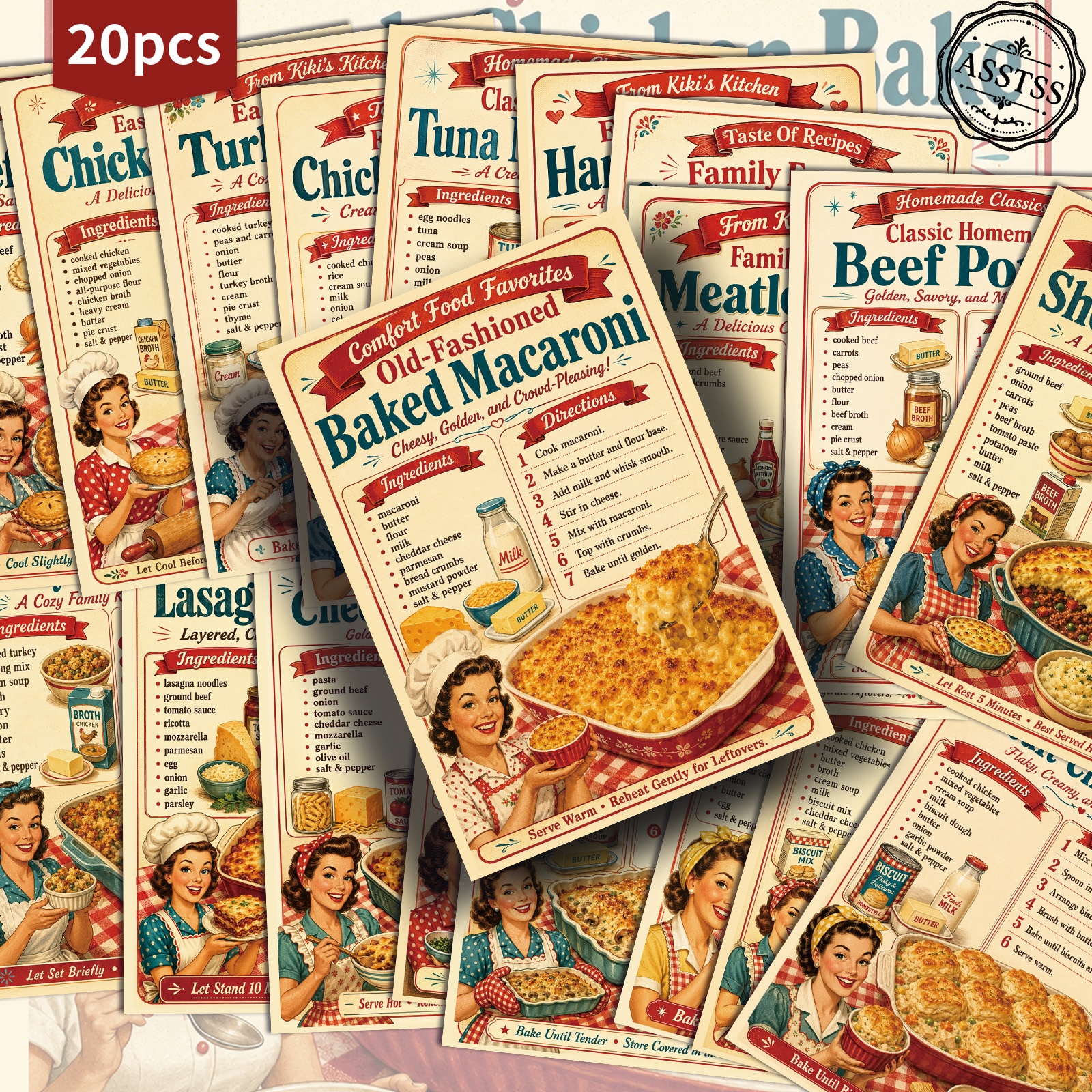 TEMU 20-pack Asstss American Recipes Postcards - 4x6 Inches Retro Junk Journal Supplies, Classic Pinup Illustrations Collectible Decorative Painting