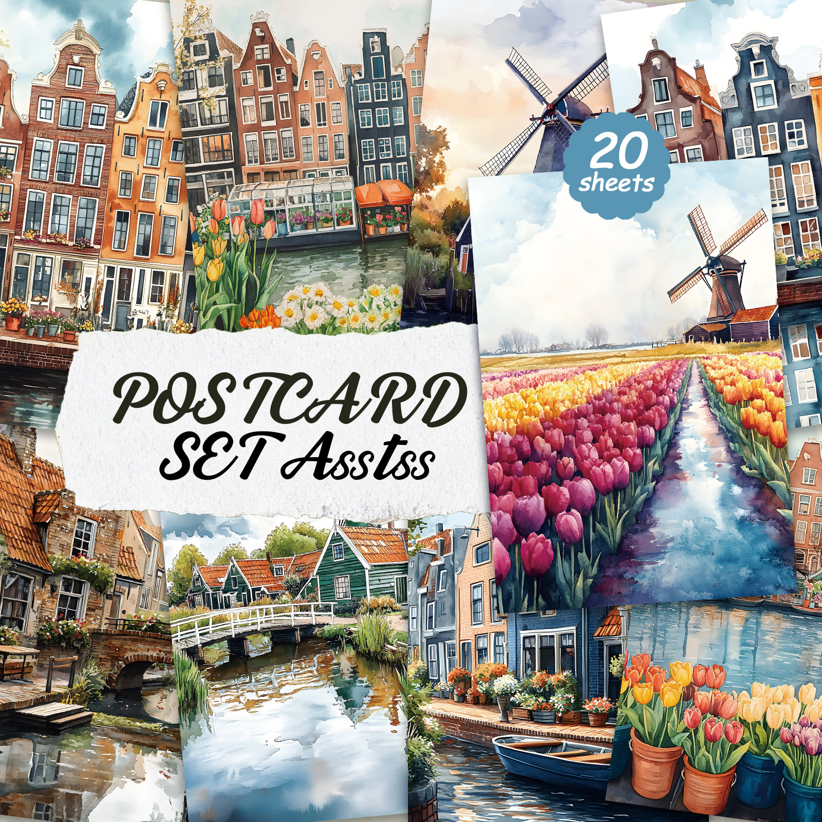 TEMU 20-pack Asstss Vintage Amsterdam Travel Postcards - 4x6 Inches Retro Junk Journal Supplies, Classic Pinup Illustrations Collectible Decorative