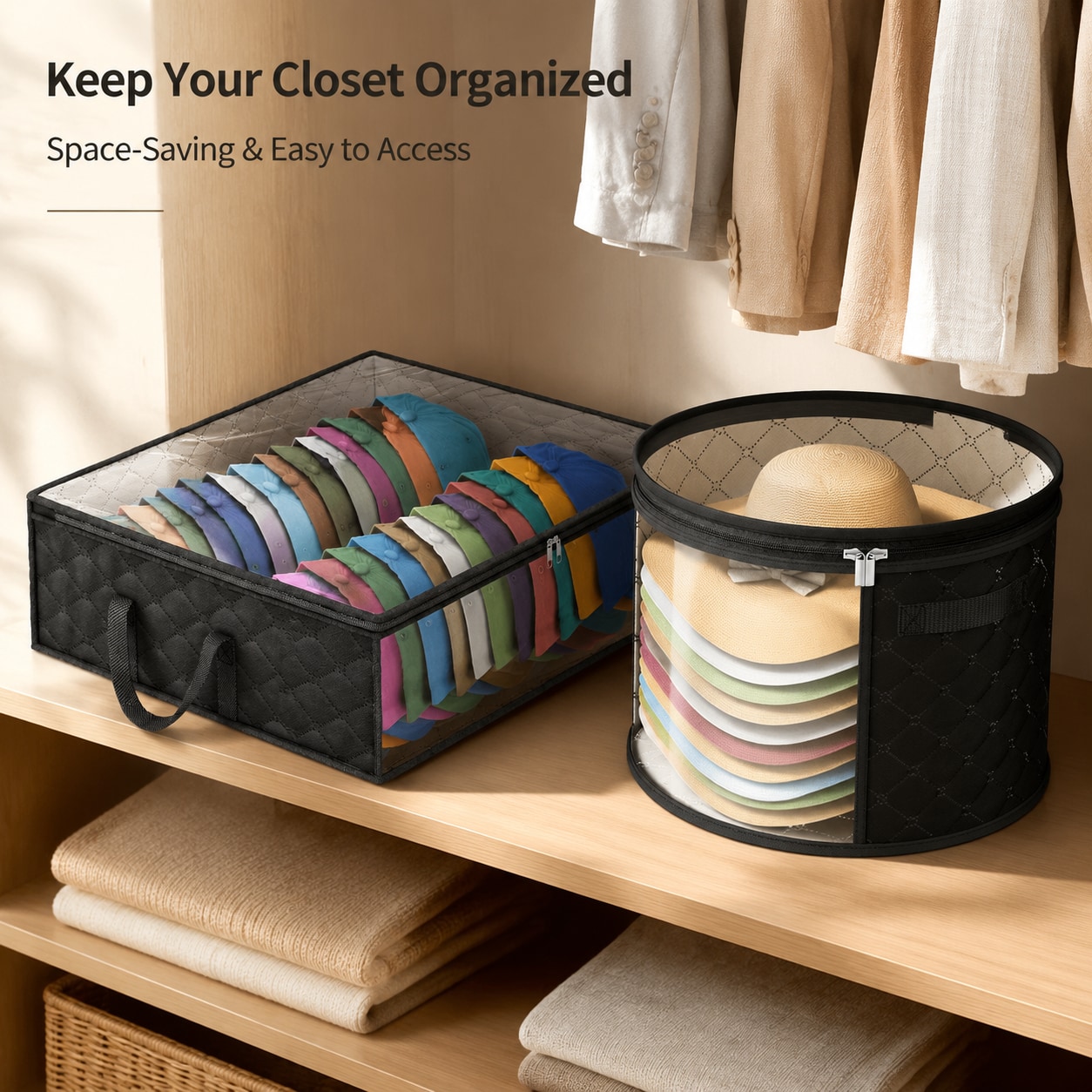2pcs Set: Rectangular & Cylindrical Hat Storage Boxes