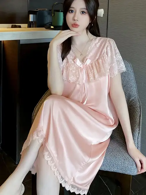silk nighty dress Women Silk Nighties Pure Short Lace V Neck Silk Slip Dress Pink / XS