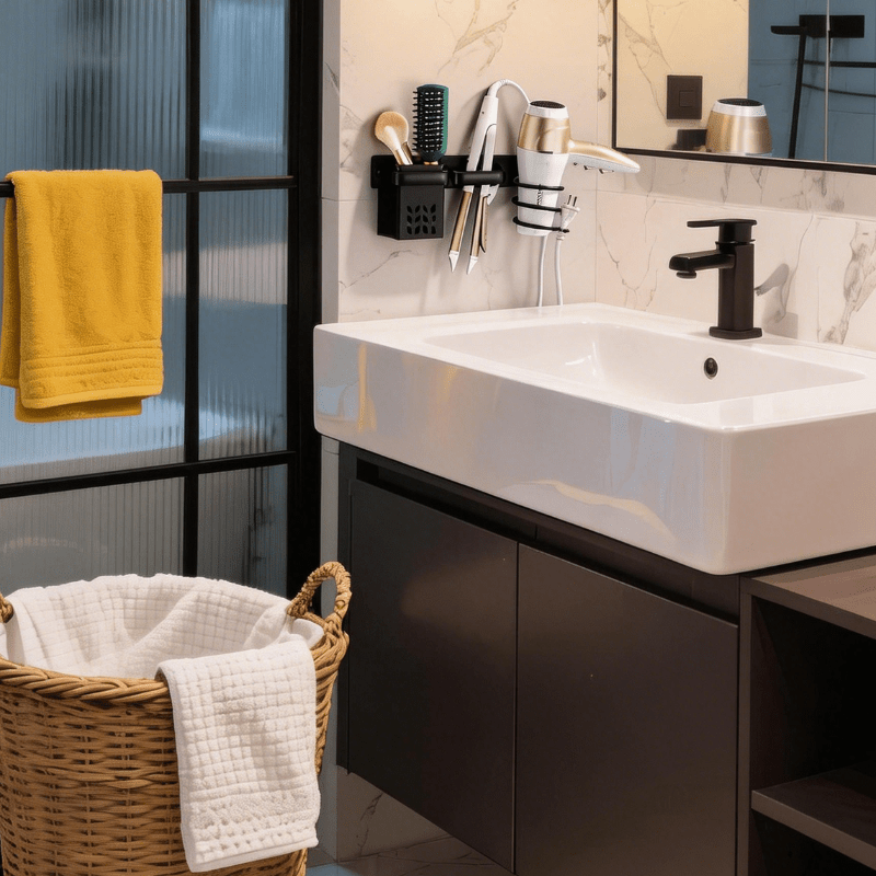 TEMU Support mural multifonctionnel pour sèche-cheveux, organisateur d'outils de coiffure perçage pour salle de bain et , étagère de rangement pour