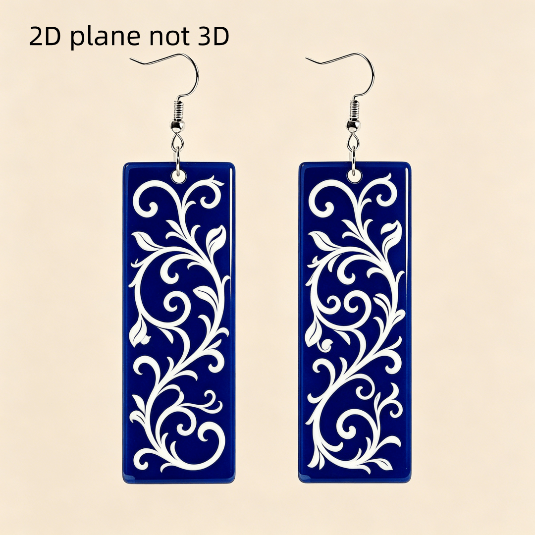 Ornate Blue & White Floral Scroll Dangle Earrings, Lightweight Acrylic