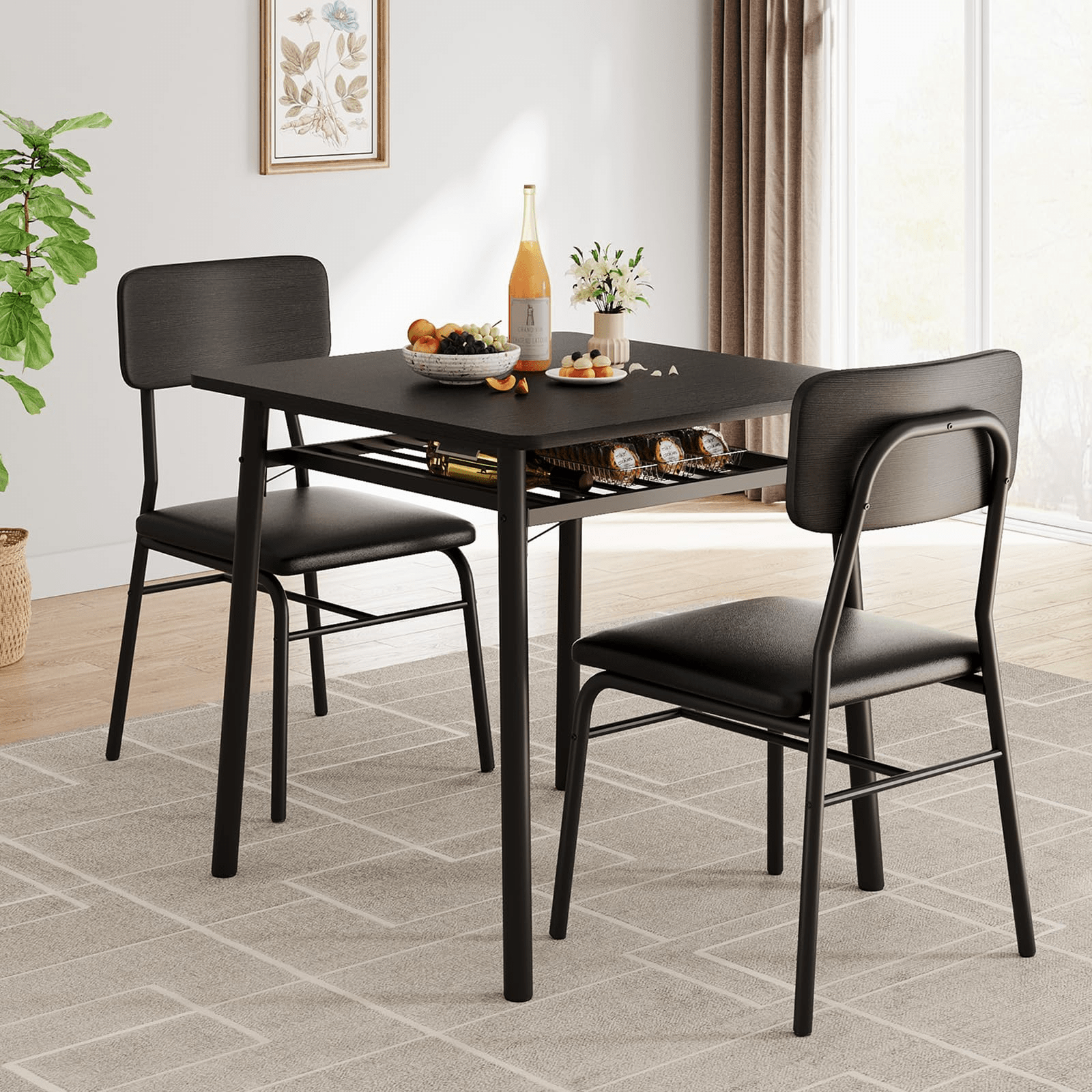 3pcs Dining Table With Storage Rack, Small Kitchen With Frame, Square Table With Upholstered Chairs Set Of 2, Dining Room Set For Small Space, Apartment, Brown