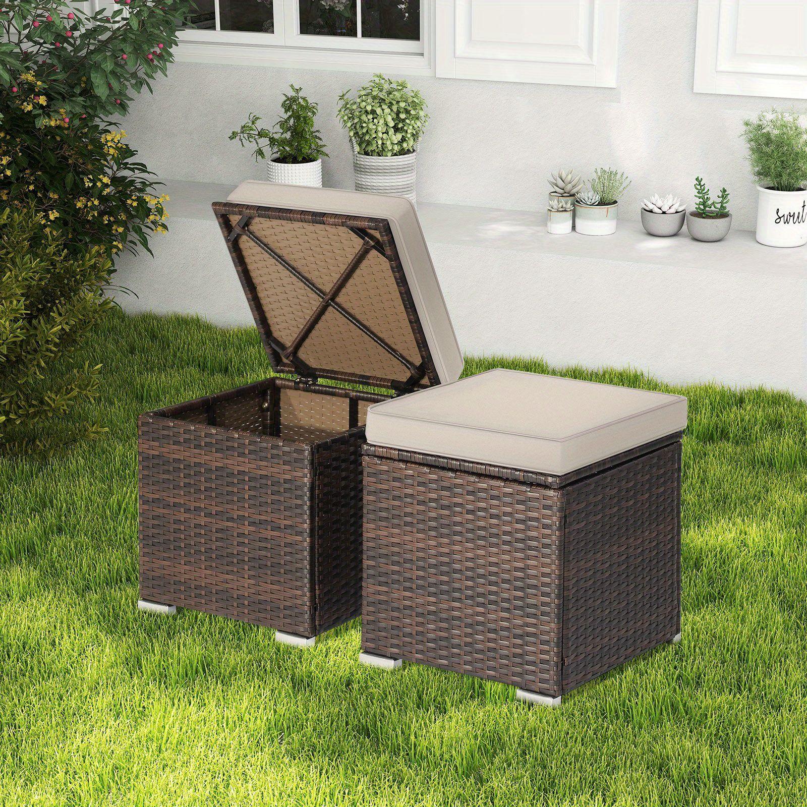 TEMU COSTWAY Lot de 2 poufs de patio, -pieds polyvalent d'extérieur en rotin, table d'appoint boîte de rangement avec cadre en métal solide, siège