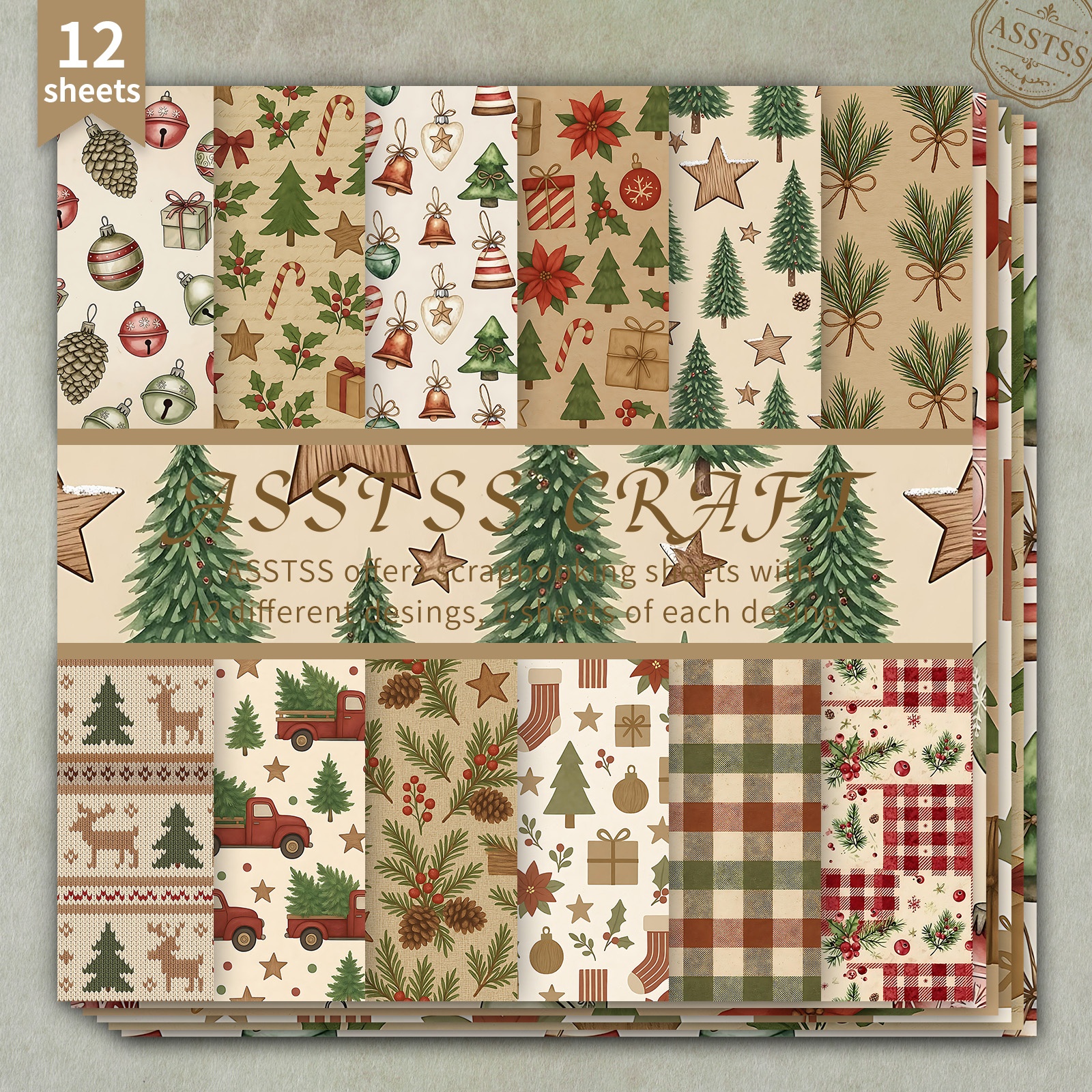 TEMU 12-sheet Asstss 6x6 Inch Scrapbooking Paper Pad, Christmas Vintage Paper Pine Truck Country Style Backing Paper Supplies, Heavyweight Cardstock