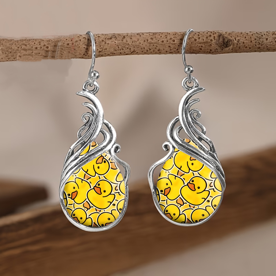 2pcs Yellow Duck Earrings | Elegant And Luxurious Alloy Teardrop Pendant Earrings With Glass Mosaic, Ideal For Daily, Vacation, Birthday, And Party Occasions