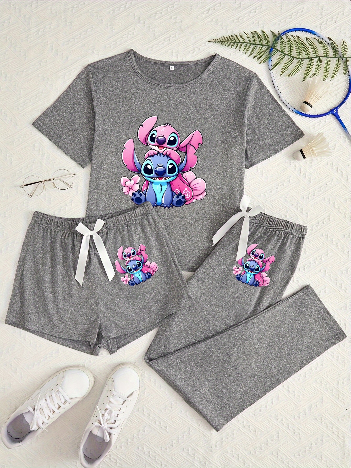 3pcs   cartoon print pajama set black t shirt shorts pants with     comfortable     ideal gift for fans   pajamas     fabric   pajamas Product details 1