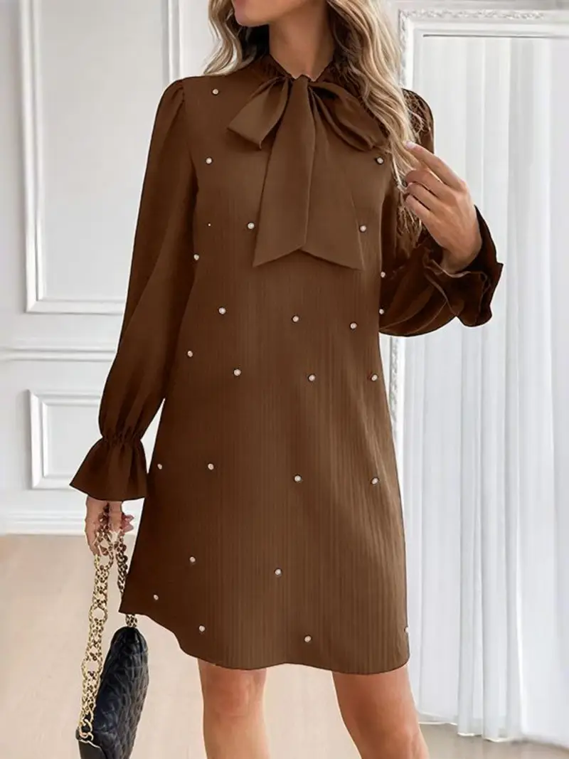 women elegant collar shirt dress bow knot bead decor - Temu Cyprus women elegant collar shirt dress bow knot bead decor - Temu Cyprus
